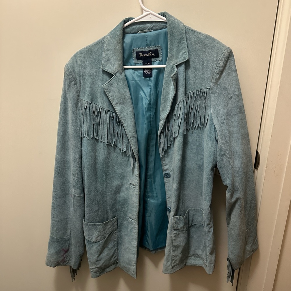 Vintage Denim and Co. blue leather fringe jacket
